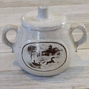 Vintage Onion River Pottery Stoneware Sugar Bowl Winter Scene Of Horse & Sleigh